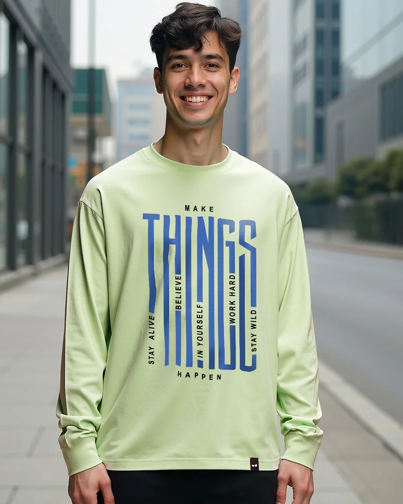بيواكوف Men's Green Things Typography Oversized T-shirt
